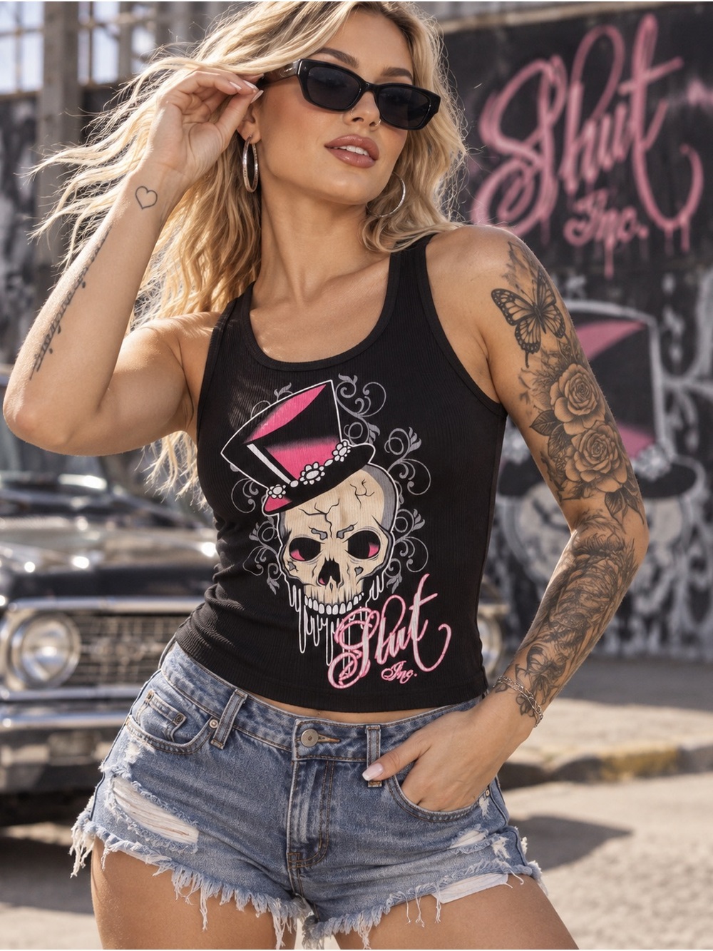 Graphic Skull Tank Top for Women - Black with Pink Accents